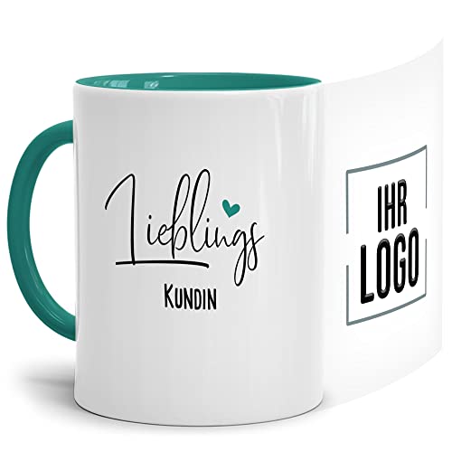 Tassendruck Personalisierte Tasse mit Logo Bedrucken - Lieblings-Kundin - Geschenke zum Firmenjubiläum, Kundin, Kaffee-Becher mit Logo | 300 ml, Innen & Henkel Türkis von Tassendruck