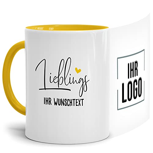 Tassendruck Personalisierte Tasse mit Logo Bedrucken - Lieblings-Wunschtext - Geschenke zum Firmenjubiläum, Wunschtext, Kaffee-Becher mit Logo | 300 ml, Innen & Henkel Gelb von Tassendruck