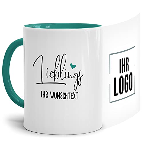 Tassendruck Personalisierte Tasse mit Logo Bedrucken - Lieblings-Wunschtext - Geschenke zum Firmenjubiläum, Wunschtext, Kaffee-Becher mit Logo | 300 ml, Innen & Henkel Türkis von Tassendruck