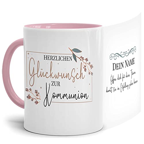 Tassendruck Personalisierte Tasse zur Kommunion mit Spruch und Name - Öffne Dich für Träume - Kommuniongeschenke mit Name personalisiert, Namenstassen | 300 ml, Innen & Henkel Rosa von Tassendruck