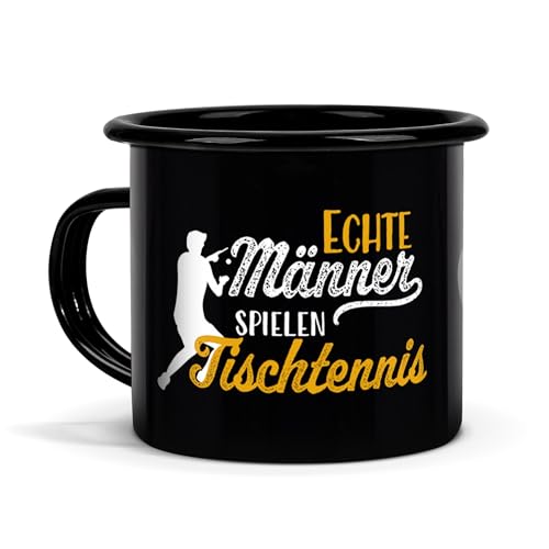 Tassendruck Schwarze Emaille-Tasse mit Spruch - Echte Männer Spielen Tischtennis - Geschenkideen für Sportler, Tisch-Tennis Geschenk | Tasse für Männer, Bruchsicher, Schwarz 300 ml von Tassendruck