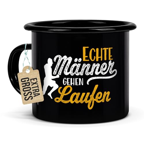 Tassendruck Schwarze Emaille-Tasse mit Spruch - Echte Männer gehen Laufen - Geschenkideen für Sportler, Geschenke für Läufer | Tasse für Männer, Bruchsicher, Schwarz 480 ml von Tassendruck