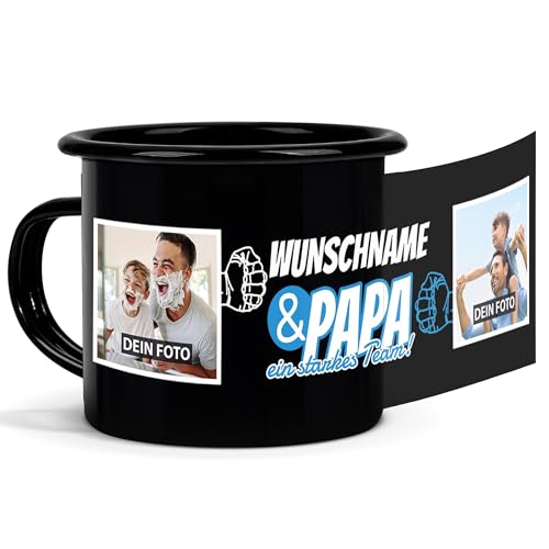 Tassendruck Schwarze Emaille-Tasse mit Spruch - Starkes Team - mit Name und Fotos - Geschenk für Papa, Bester Vater, Spruchtasse | Personalisiertes Fotogeschenk, Bruchsicher, Schwarz, 300 ml von Tassendruck