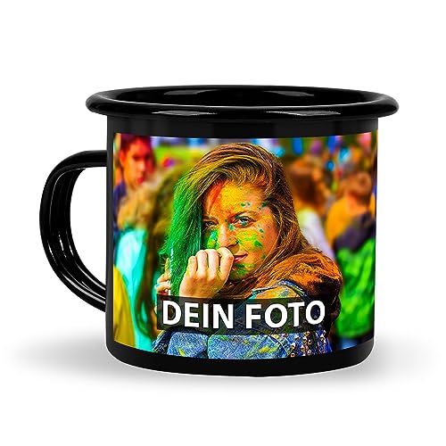 Tassendruck Schwarze Emaille-Tasse personalisieren mit Foto und Text - Geschenke für Camper, Camping Becher personalisiert, Emaille | Personalisiertes Geschenk, Bruchsicher, 300ml von Tassendruck