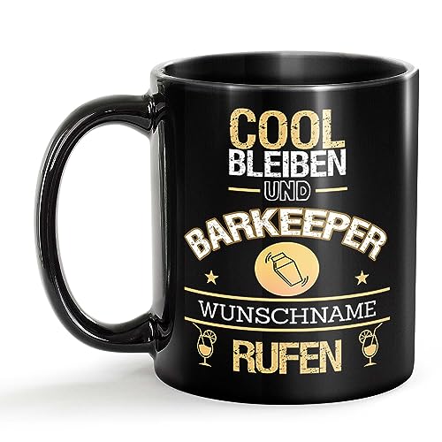 Tassendruck Schwarze Tasse für Barkeeper mit Name - Cool bleiben und Name rufen - Geschenk für Kollegen zum Geburtstag | Personalisierte Geschenke, Keramik Schwarz, 300 ml von Tassendruck