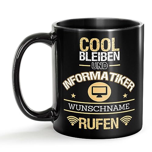 Tassendruck Schwarze Tasse für Informatiker mit Name - Cool bleiben und Name rufen - Geschenk für Kollegen zum Geburtstag | Personalisierte Geschenke, Keramik Schwarz, 300 ml von Tassendruck