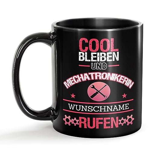 Tassendruck Schwarze Tasse für Mechatronikerin mit Name - Cool bleiben und Name rufen - Geschenk für Kollegin zum Geburtstag | Personalisierte Geschenke, Keramik Schwarz, 300 ml von Tassendruck