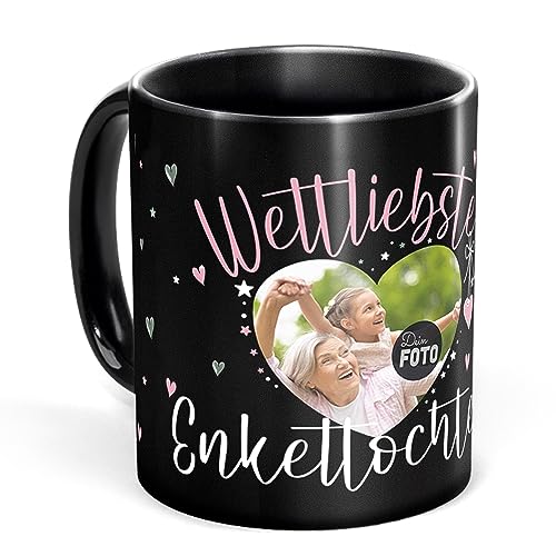 Tassendruck Schwarze Tasse mit Spruch für die weltliebste Enkeltochter - Tasse mit Foto selbst gestalten - Geschenk für Enkeltochter, Fotogeschenk Familie | Schwarze Fototasse, 300 ml von Tassendruck