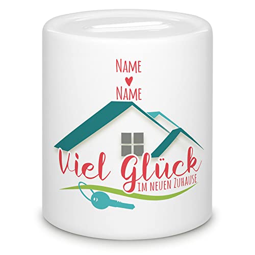 Spardose selbst gestalten - Viel Glück im neuen Zuhause - mit Name personalisiert, Geschenk für Frauen, Männer, Geschenk zum Einzug, Glückwünsche - Sparbüchse von Tassendruck