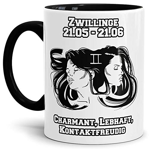 Sternzeichen-Tasse Zwillinge - Innen & Henkel Schwarz - Geburtstag/Astronomie/Sternen-bilder/mit Spruch/Witzig/Kaffeetasse/Mug/Cup - Qualität Made in Germany von Tassendruck