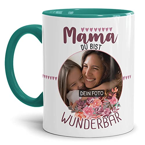 Tassendruck Tasse für Mama mit Foto Personalisieren - Mama du bist wunderbar - Persönliches Geschenk für Mama, Mutter Geschenkidee | Personalisiertes Geschenk, 300ml, Innen & Henkel Türkis von Tassendruck