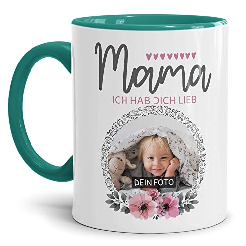 Tassendruck Tasse für Mama mit Foto Personalisieren - Mama ich Habe Dich lieb - Persönliches Geschenk für Mama, Mutter Geschenkidee | Personalisiertes Geschenk, 300ml, Innen & Henkel Türkis von Tassendruck