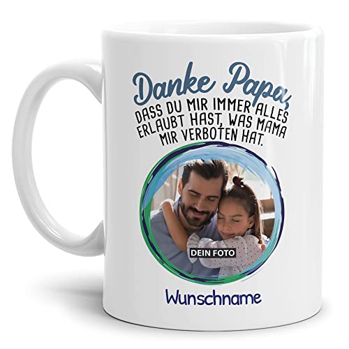 Tassendruck Tasse für Papa mit Foto und Name Personalisieren - Danke Papa - Persönliches Geschenk für Papa, Vater Geschenkidee | Personalisiertes Geschenk, 300ml, Weiß von Tassendruck