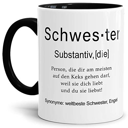 Tassendruck Tasse mit Definition Schwester - Wörterbuch/Geschenk-Idee/Dictionary/Beruf/Job/Arbeit/Familie/Innen & Henkel Schwarz von Tassendruck