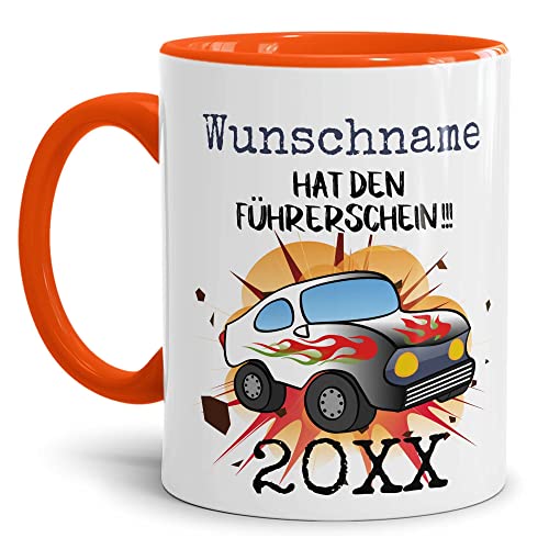 Tassendruck Tasse mit Name & Jahr Personalisieren - Name hat den Führerschein - Auto - Tassen Bedrucken, Führerscheinprüfung bestanden | Personalisiertes Geschenk, 300ml, Innen & Henkel Orange von Tassendruck