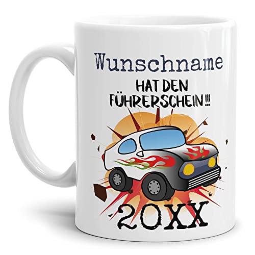 Tassendruck Tasse mit Name & Jahr Personalisieren - Name hat den Führerschein - Auto - Tassen Bedrucken, Führerscheinprüfung bestanden | Personalisiertes Geschenk, 300ml, Weiß von Tassendruck