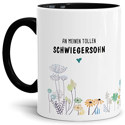 Tassendruck Tasse mit Spruch Blumen - an Schwiegersohn von Schwiegermutter- Leben/Liebe/Geschenk/Familie/ - Innen & Henkel Schwarz von Tassendruck