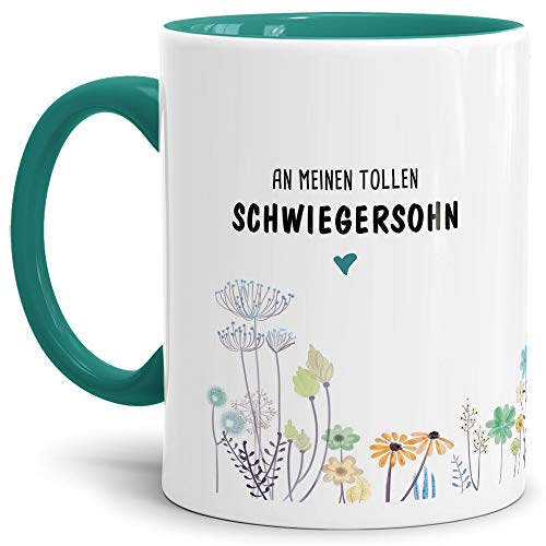 Tassendruck Tasse mit Spruch Blumen - an Schwiegersohn von Schwiegermutter- Leben/Liebe/Geschenk/Familie/ - Innen & Henkel Türkis von Tassendruck