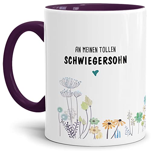 Tassendruck Tasse mit Spruch Blumen - an Schwiegersohn von Schwiegermutter- Leben/Liebe/Geschenk/Familie/ - Innen & Henkel Violett von Tassendruck