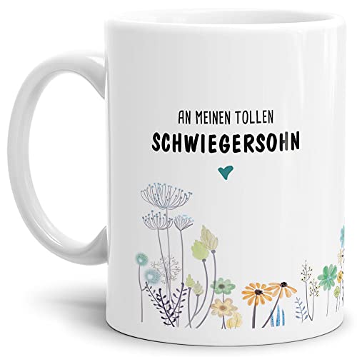 Tassendruck Tasse mit Spruch Blumen - an Schwiegersohn von Schwiegermutter- Leben/Liebe/Geschenk/Familie/ - Weiß von Tassendruck