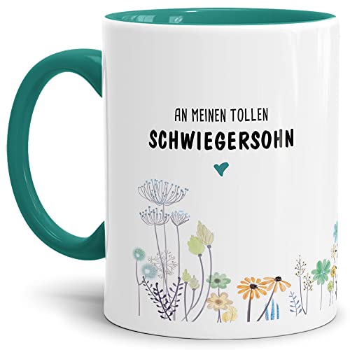 Tassendruck Tasse mit Spruch Blumen - an Schwiegersohn von Schwiegervater- Leben/Liebe/Geschenk/Familie/ - Innen & Henkel Türkis von Tassendruck