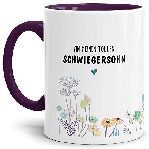 Tassendruck Tasse mit Spruch Blumen - an Schwiegersohn von Schwiegervater- Leben/Liebe/Geschenk/Familie/ - Innen & Henkel Violett von Tassendruck