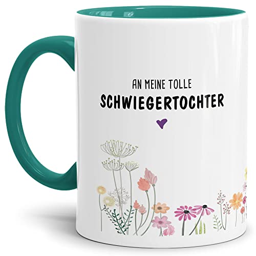 Tassendruck Tasse mit Spruch Blumen - an Schwiegertochter von Schwiegermutter- Leben/Liebe/Geschenk/Familie/ - Innen & Henkel Türkis von Tassendruck