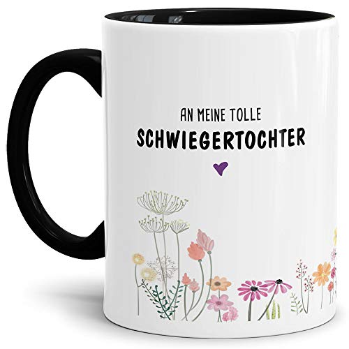 Tassendruck Tasse mit Spruch Blumen - an Schwiegertochter von Schwiegervater- Leben/Liebe/Geschenk/Familie/ - Innen & Henkel Schwarz von Tassendruck