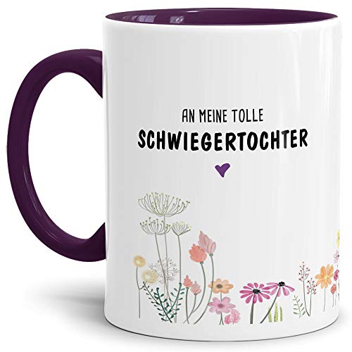 Tassendruck Tasse mit Spruch Blumen - an Schwiegertochter von Schwiegervater- Leben/Liebe/Geschenk/Familie/ - Innen & Henkel Violett von Tassendruck