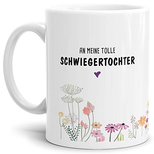 Tassendruck Tasse mit Spruch Blumen - an Schwiegertochter von Schwiegervater- Leben/Liebe/Geschenk/Familie/ - Weiß von Tassendruck