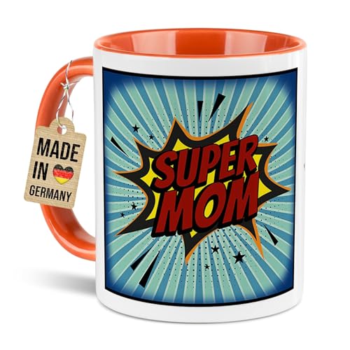 Tassendruck Tasse mit Spruch - Super Mom - Geschenk für Mama, Muttertagsgeschenk, Geschenkidee Geburtstag - Keramiktasse, 300 ml, Innen & Henkel Orange von Tassendruck