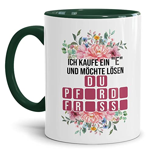 Tassendruck Tasse mit frechem Motiv - Ich kaufe EIN und löse - Pferdefresse - Geschenke für Freunde und Kollegen zum Geburtstag | Spruch-Tasse Innen & Henkel Dunkelgrün, 300ml von Tassendruck