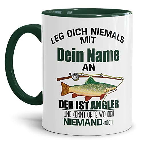 Tassendruck Tasse selbst gestalten - mit Name Personalisieren - mit Spruch - Ich Bin Angler & kenne Ort wo Dich niemand findet - Geschenkidee für Angler, Fischer | Innen & Henkel Dunkelgrün, 300ml von Tassendruck