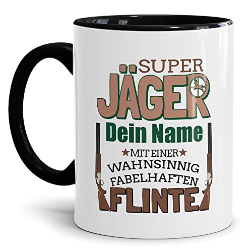 Tassendruck Tasse selbst gestalten - mit Name Personalisieren - mit Spruch - Super Jäger mit Flinte - Geschenkidee für Jäger, Jagd, Waidmann | Innen & Henkel Schwarz, 300ml von Tassendruck