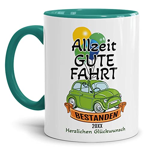 Tassendruck Tasse zum Führerschein mit Jahr Personalisieren - Allzeit Gute Fahrt - Tassen Bedrucken, Führerscheinprüfung bestanden | Personalisiertes Geschenk, 300ml, Innen & Henkel Türkis von Tassendruck