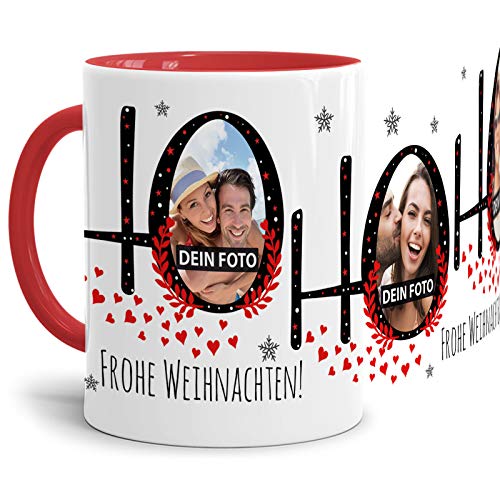 Weihnachts-Tasse HO HO HO zum SELBSTGESTALTEN mit FOTO-COLLAGE für 3 WUNSCHFOTOS - Persönliches Geschenk für Freunde und Familie - Innen & Henkel Rot von Tassendruck