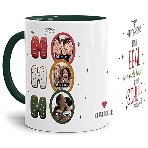 Weihnachts-Tasse - mit 3 Fotos & Name - Egal wie viele Kekse du isst, Schuhe passen Immer - Weihnachts Geschenk Familie, Freundin, Weihnachten I Personalisiert, Innen & Henkel Dunkelgrün, 300 ml von Tassendruck