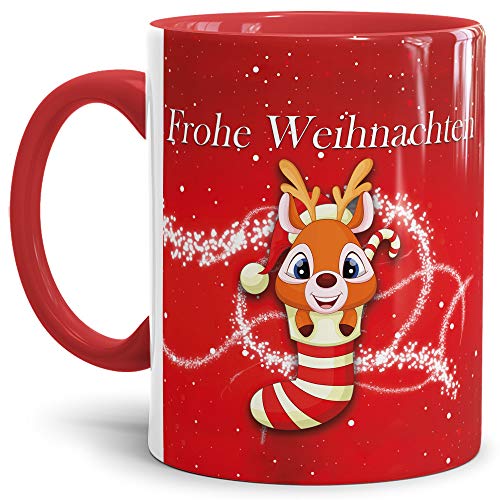 Tassendruck Weihnachtstasse Merry Christmas Farbtasse Innen und Henkel Rot mit Rentier - Kaffeetasse/Mug/Cup - Qualität Made in Germany von Tassendruck