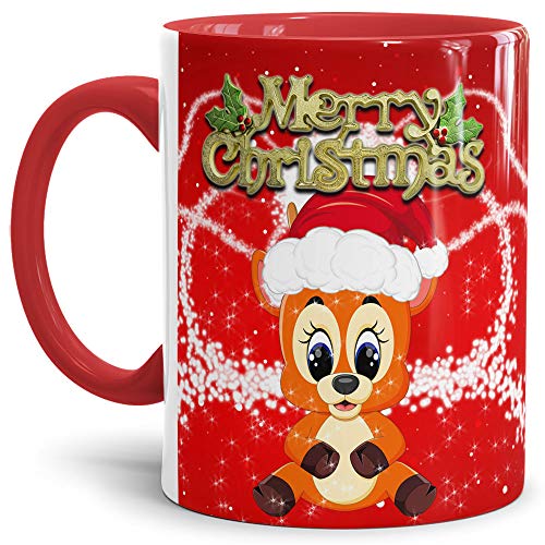 Tassendruck Weihnachtstasse Merry Christmas Farbtasse Innen und Henkel Rot mit Rentier - Kaffeetasse/Mug/Cup - Qualität Made in Germany von Tassendruck