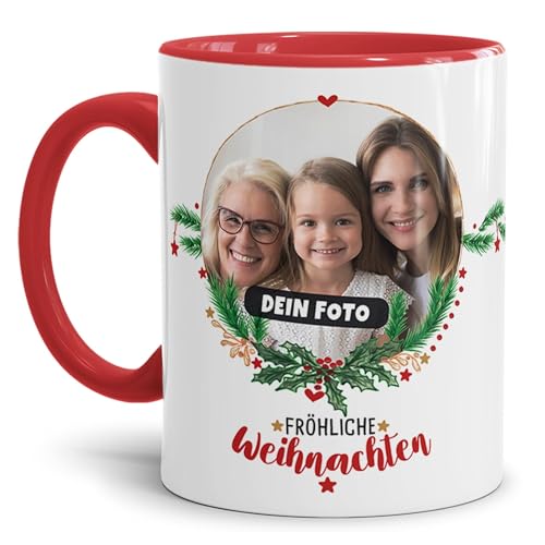 Weihnachtstasse selbst gestalten - Tasse mit Foto Personalisieren - Frohe Weihnachten - Persönliches Geschenk für Freunde und Familie | 300 ml, Innen & Henkel Rot von Tassendruck