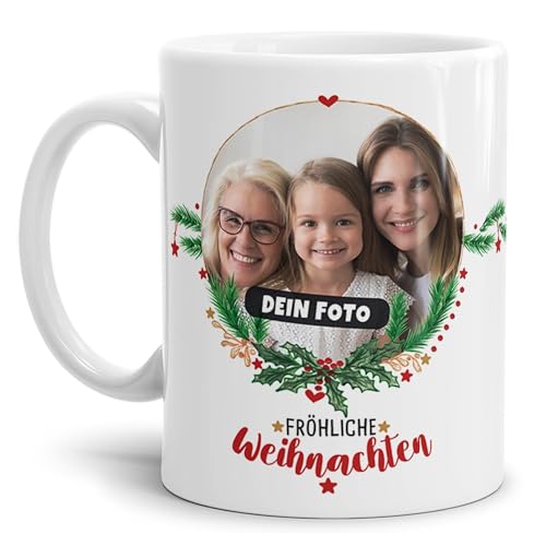 Weihnachtstasse selbst gestalten - Tasse mit Foto Personalisieren - Frohe Weihnachten - Persönliches Geschenk für Freunde und Familie | 300 ml, Weiß von Tassendruck