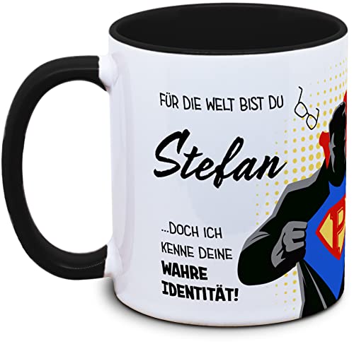 Tassenkasper - Tasse (schwarz) für Super-Papas mit Wunschname - Papa Superheld - Geschenk Vatertag von Tassenkasper