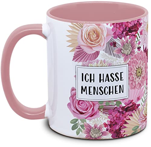 Tassenkasper - Tasse mit Blume und Spruch - Ich hasse Menschen - Geschenk für Kollegin, Tasse lustig von Tassenkasper