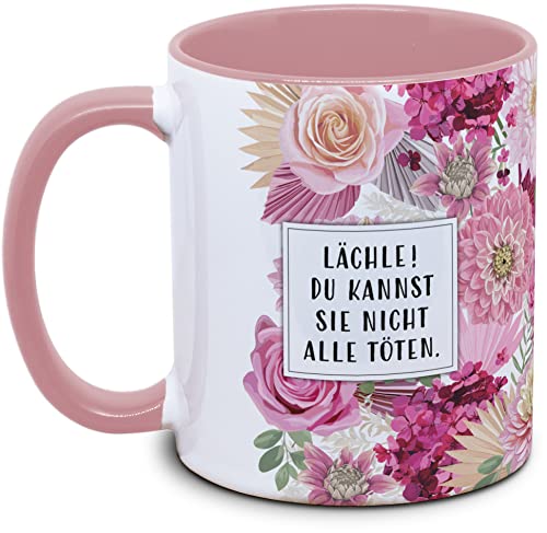 Tassenkasper - Tasse mit Blume und Spruch - Lächle! Du kannst sie nicht alle töten. - Geschenk für Kollegin, Tasse lustig von Tassenkasper