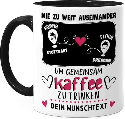 Tassenliebling® - Tasse beste Freundinnen personalisiert Schwarz - Beste Freundin Tasse - Nie zu weit auseinander - Geschenk für beste Freundin, Bff oder Kollegin - Freundschaftsgeschenk von Tassenliebling