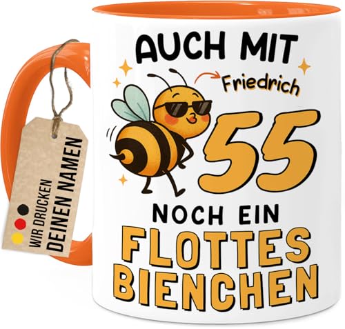 Tassenliebling® 55. Geburtstag lustige Tasse personalisiert mit Namen - Flottes Bienchen - Geschenkidee Freundin Mama Oma Kollegin - Beidseitiger Druck - 330ml Keramik von Tassenliebling