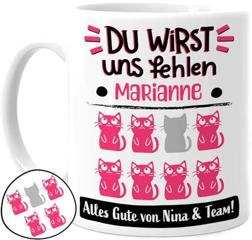 Tassenliebling® Abschiedsgeschenk Kollegin Tasse personalisiert - Abschied Kollege Kollegin Tasse - Du wirst uns fehlen mit Katzen - Bürotasse Jobwechsel - Arbeitskollegin - Keramik 330ml von Tassenliebling