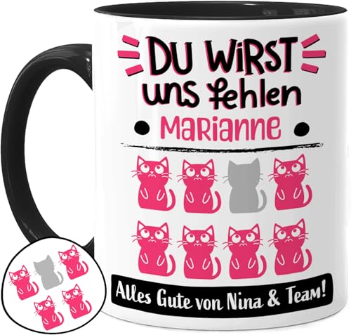 Tassenliebling® Abschiedsgeschenk Kollegin Tasse personalisiert - Schwarz - Abschied Kollege Kollegin Tasse - Du wirst uns fehlen mit Katzen - Bürotasse Jobwechsel - Arbeitskollegin - Keramik 330ml von Tassenliebling