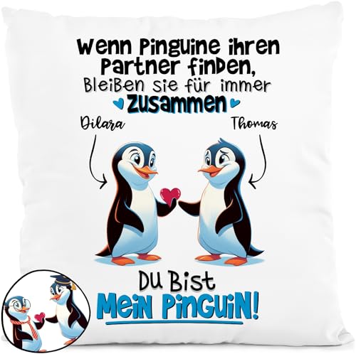 Tassenliebling® Dekokissen personalisiert Pärchen - Du bist Mein Pinguin - Personalisiertes Geschenk für ihn zum Jahrestag - Partner Kissen - Liebesgeschenke - Valentinstag - 40x40cm von Tassenliebling