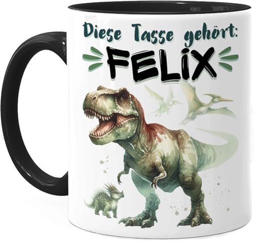 Tassenliebling® Dino Tasse personalisiert - Kindertasse mit Namen für Junge Mädchen - Schwarz - Weihnachtstasse - Personalisierte Geschenke Kinder - Dinosaurier T-Rex Kinderbecher aus Keramik 330ml von Tassenliebling